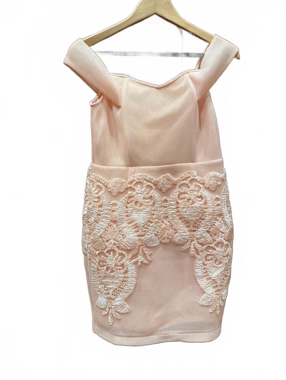 NWOT Soieblu Lace Off-The-Shoulder Mini Dress Medium Peach Pink Cottage Coquette